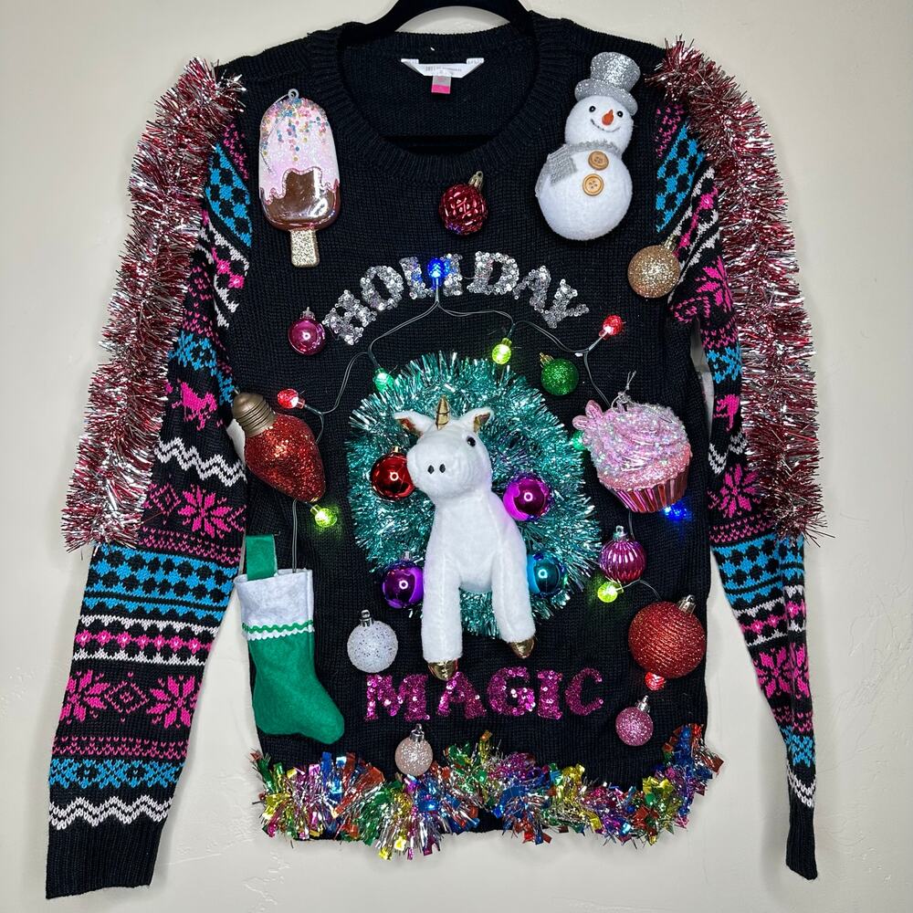 Ugly Christmas Sweater Unicorn LIGHTS UP Tinsel Xmas Party Winner Size Small